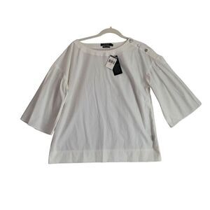 NWT LAUREN Ralph Lauren Women's 3/4 Bell  Sleeve White Cotton Gold Button Top L